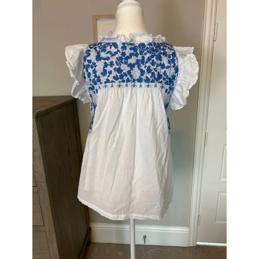j. marie | White/Blue Embroidered Floral Ruffle Sleeve Peasant Top | SM - Picture 8 of 10